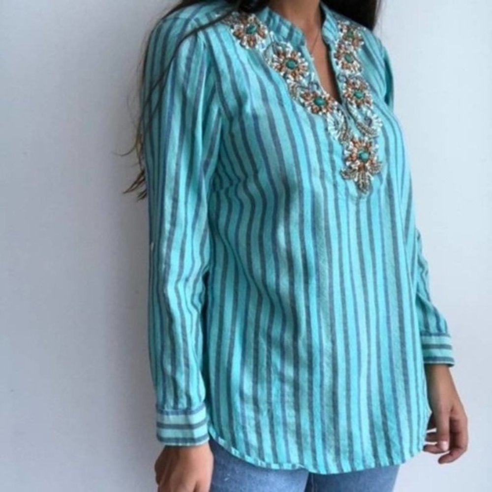 Soft Surroundings Tortola Striped Beaded Tunic Top